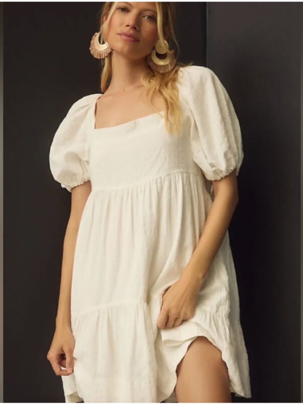 Anthropologie Pilcro Square-Neck Puff Sleeve Tiered Babydoll Mini Dress Size L